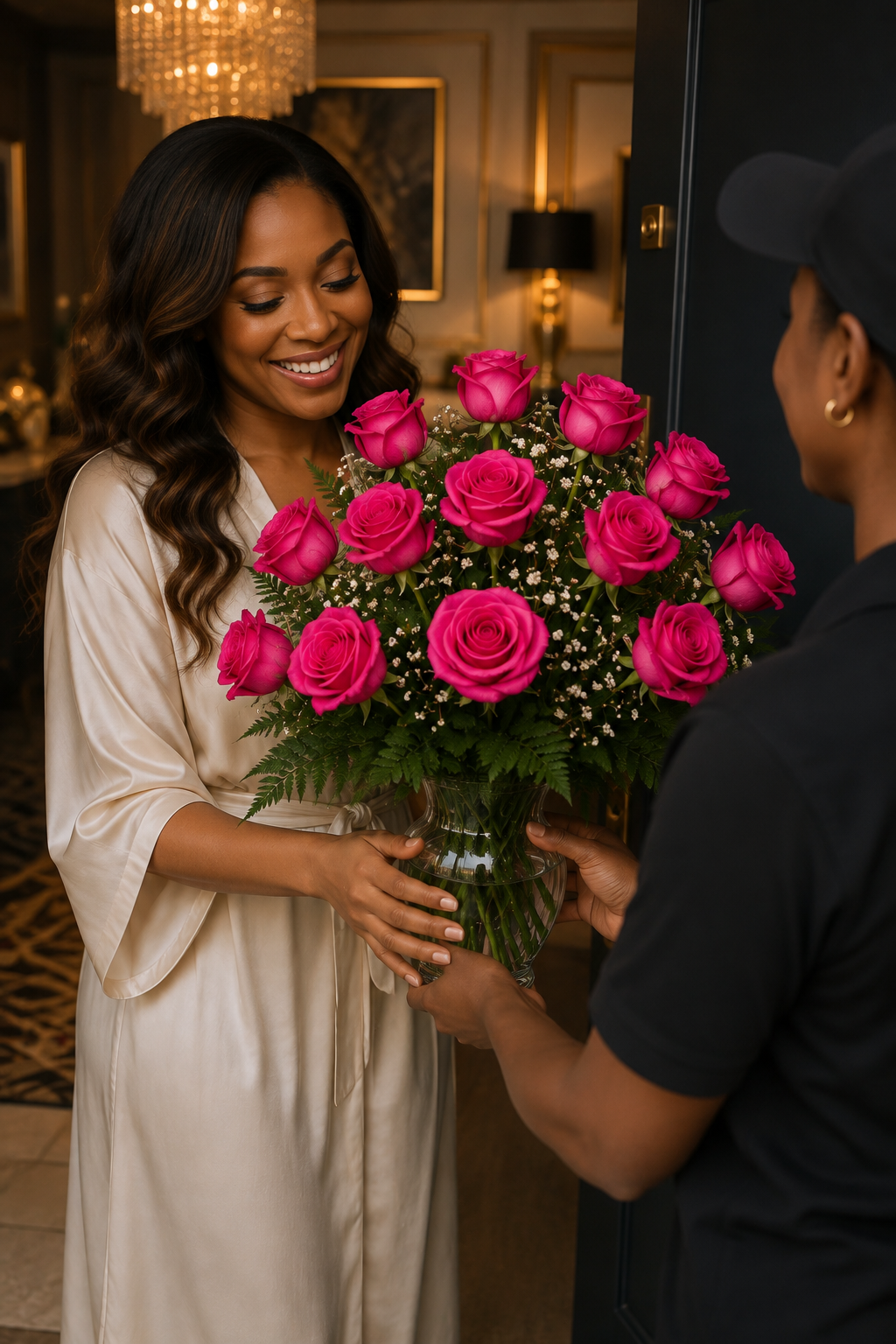 Ruby Monarch 12: Fuchsia Hot Pink Roses | Vase