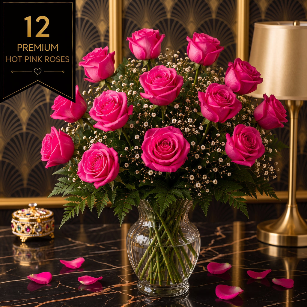 Ruby Monarch 12: Fuchsia Hot Pink Roses | Vase