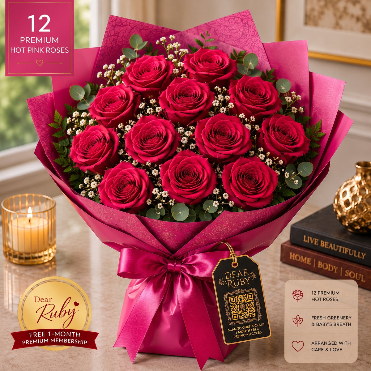 Ruby Heritage 12: Passion Hot Pink Roses | Hand-Arranged Wrap