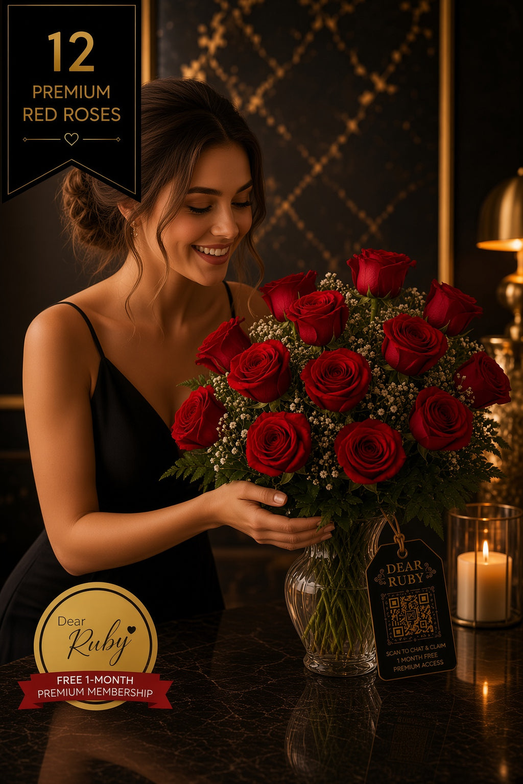 Ruby Monarch 12: Ravishing Red Roses | Vase