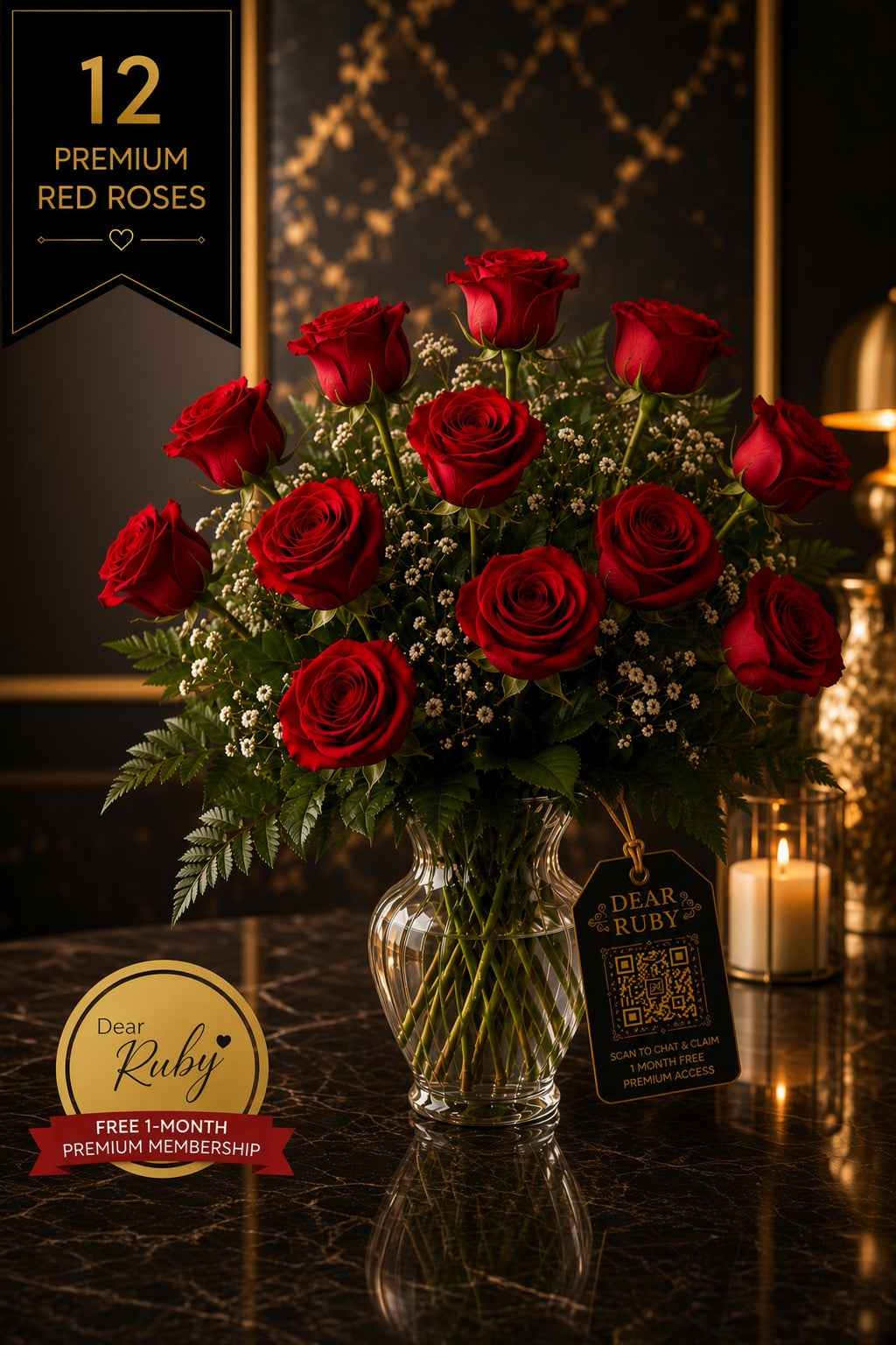 Ruby Monarch 12: Ravishing Red Roses | Vase