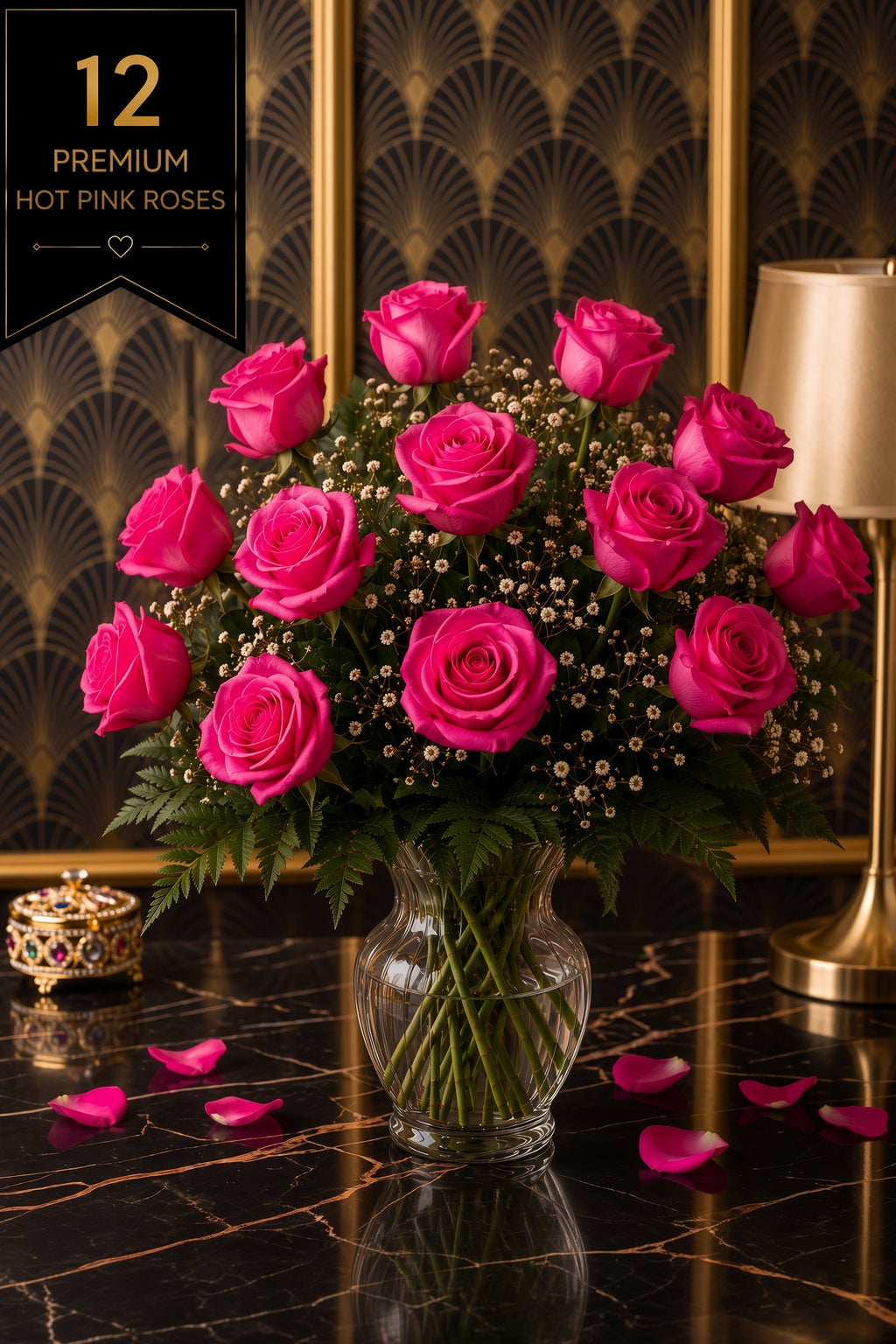 Ruby Monarch 12: Fuchsia Hot Pink Roses | Vase