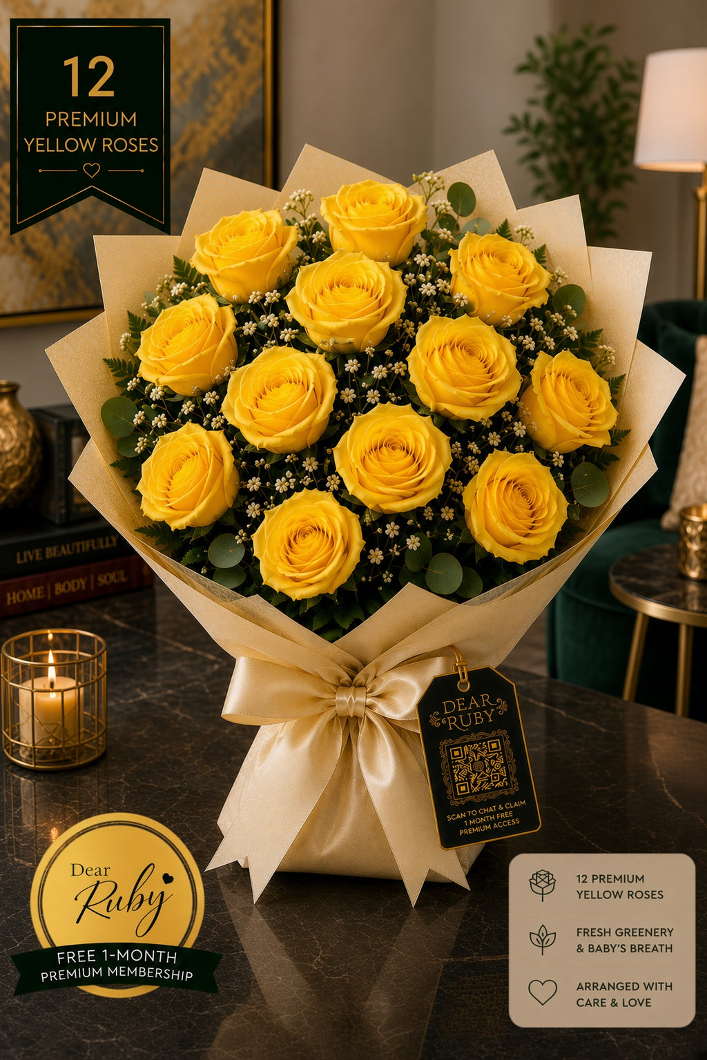 Ruby Heritage 12: Sunlit Amber Stems | Hand-Arranged Wrapped