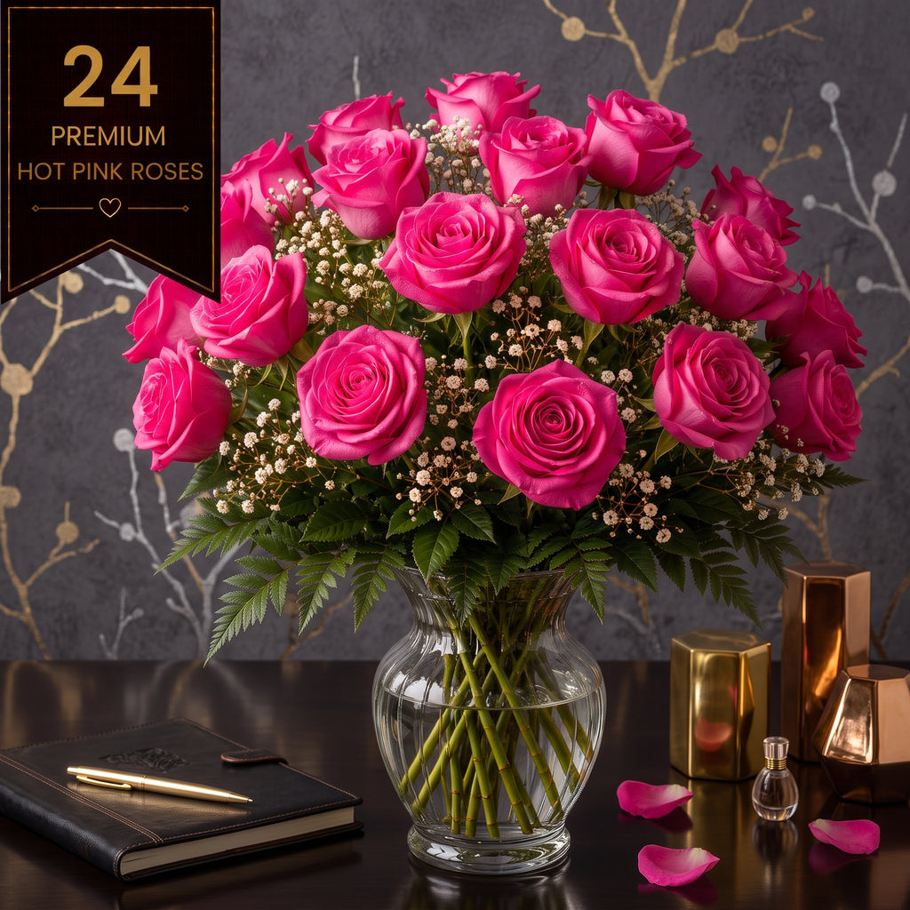 Ruby Marquis 24: Magenta Hot Pink Roses | Vase