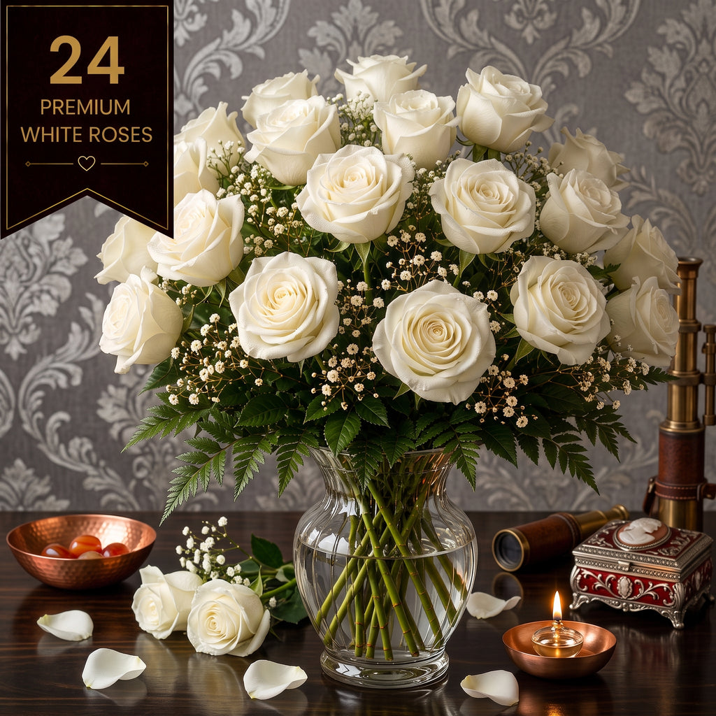 Ruby Marquis 24: Diamond White Roses | Vase