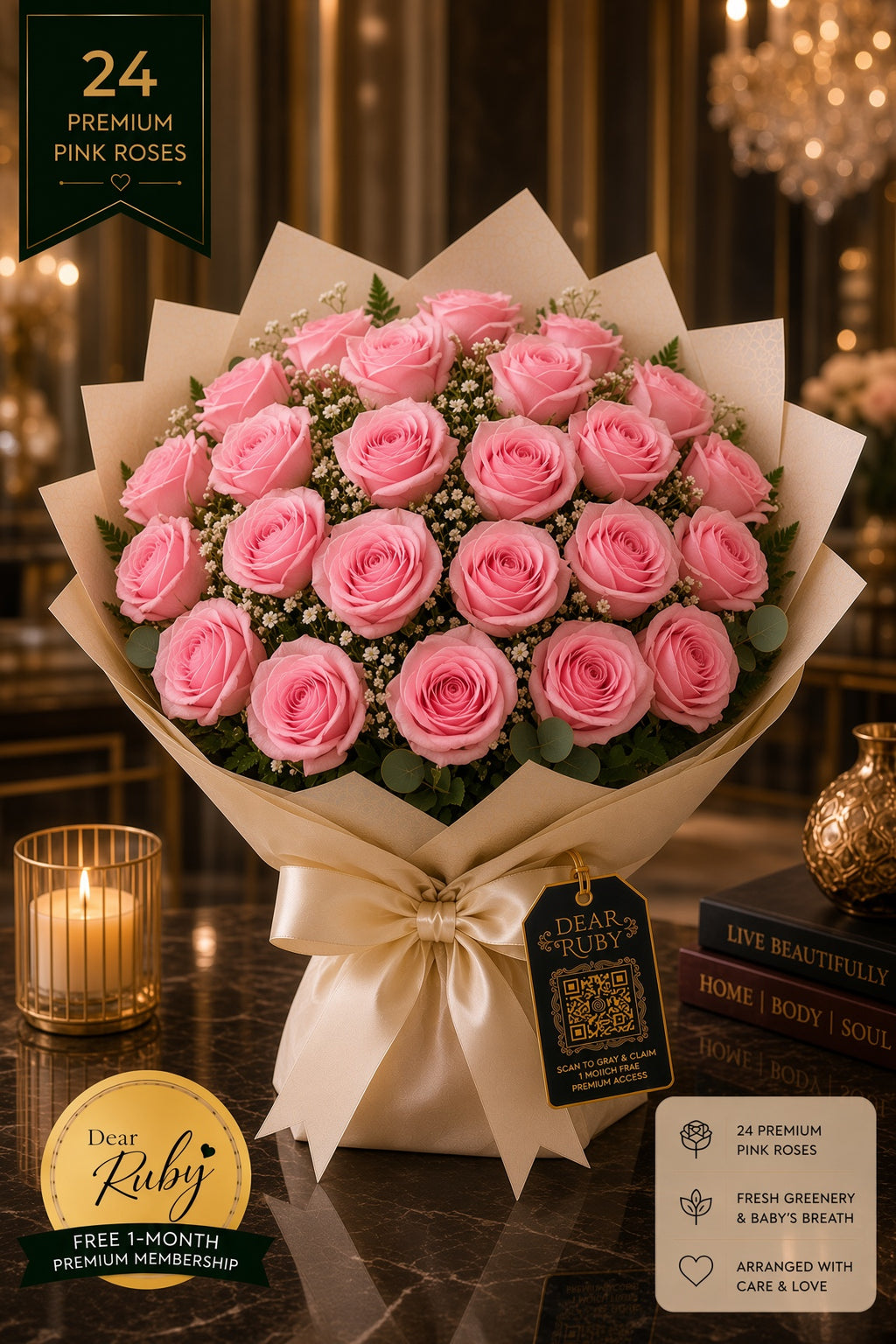 Ruby Signature 24: Petal Pink Roses | Hand-Wrapped