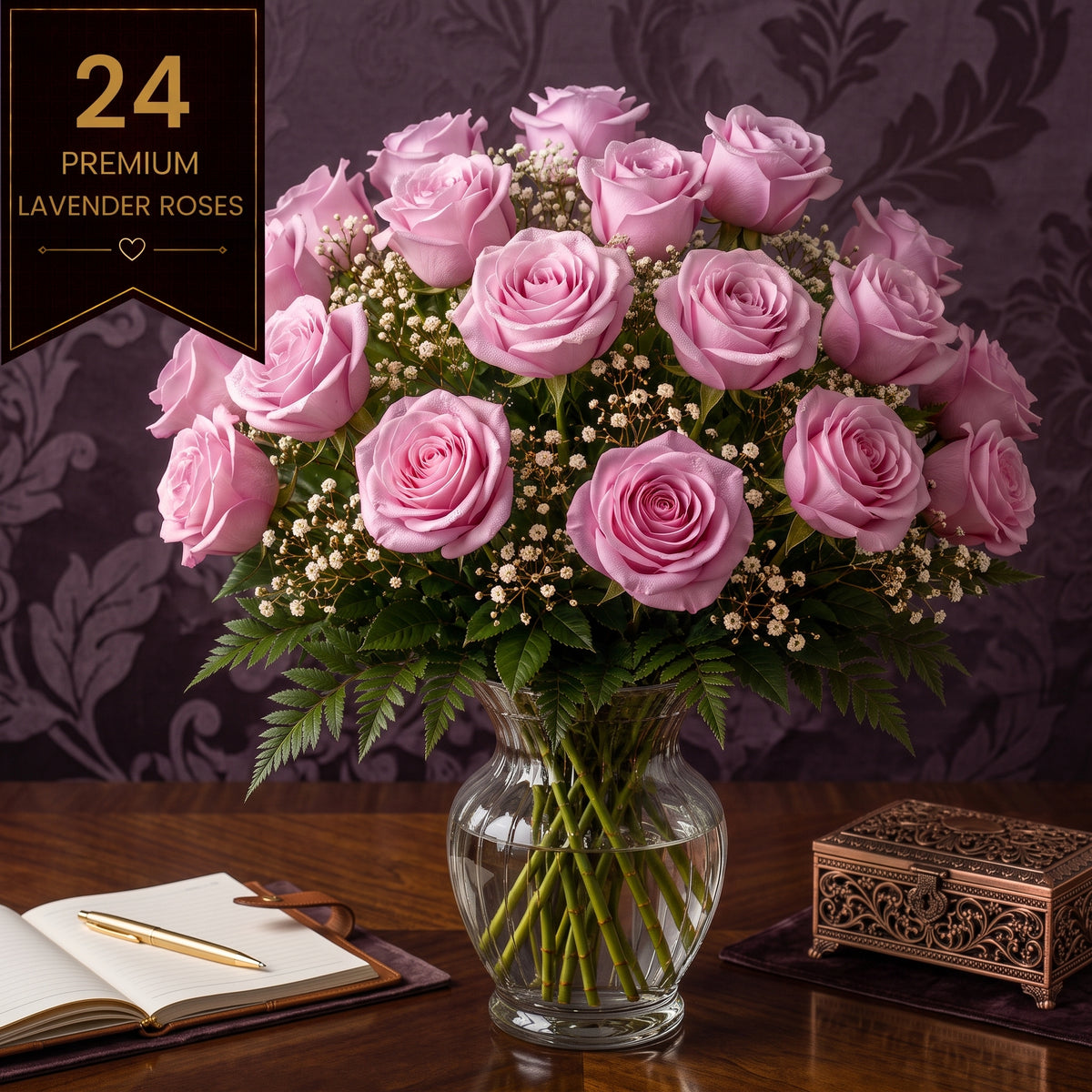 Ruby Marquis 24: Majestic Lavender Roses | Vase