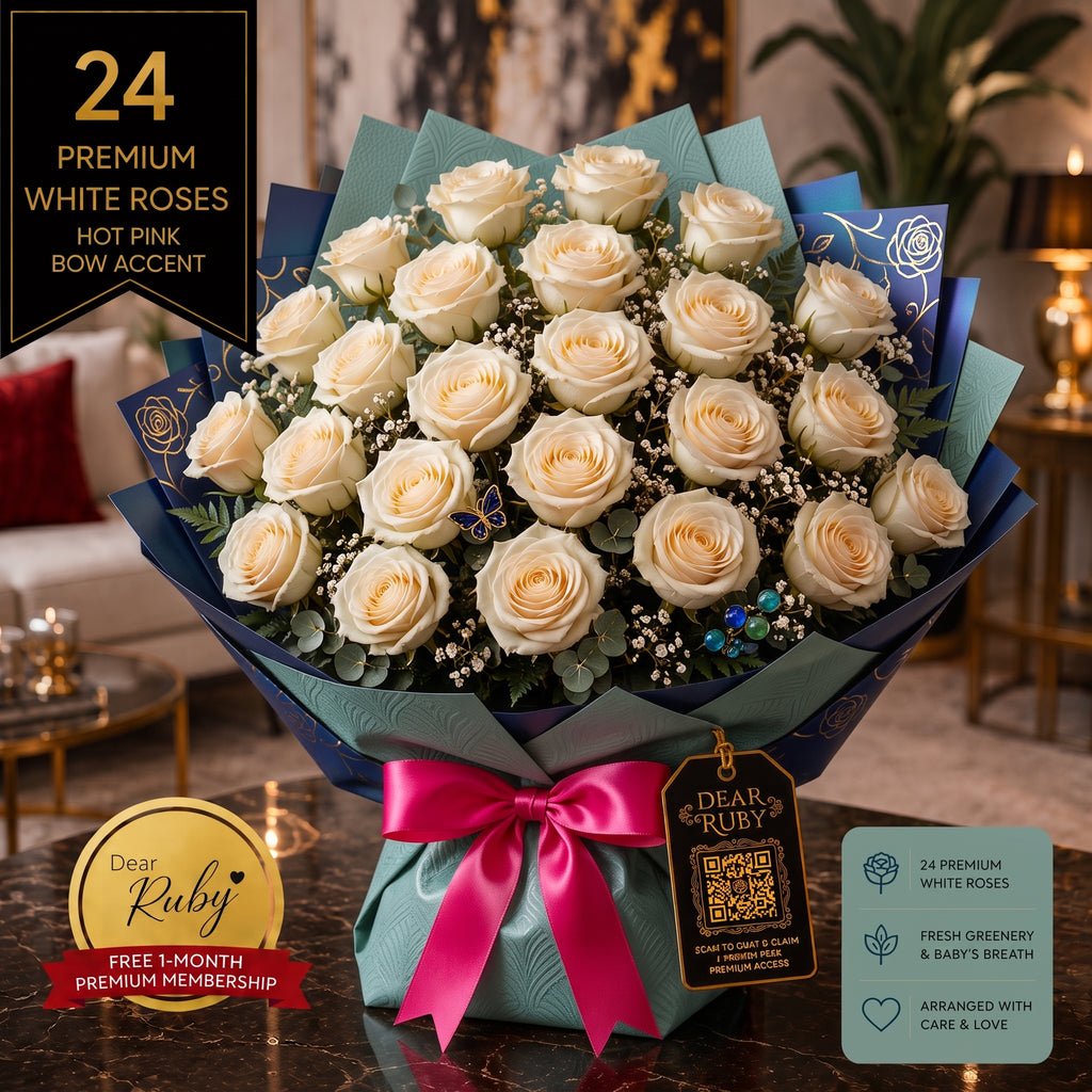 Ruby Signature 24: Pearl White Roses | Hand-Wrapped