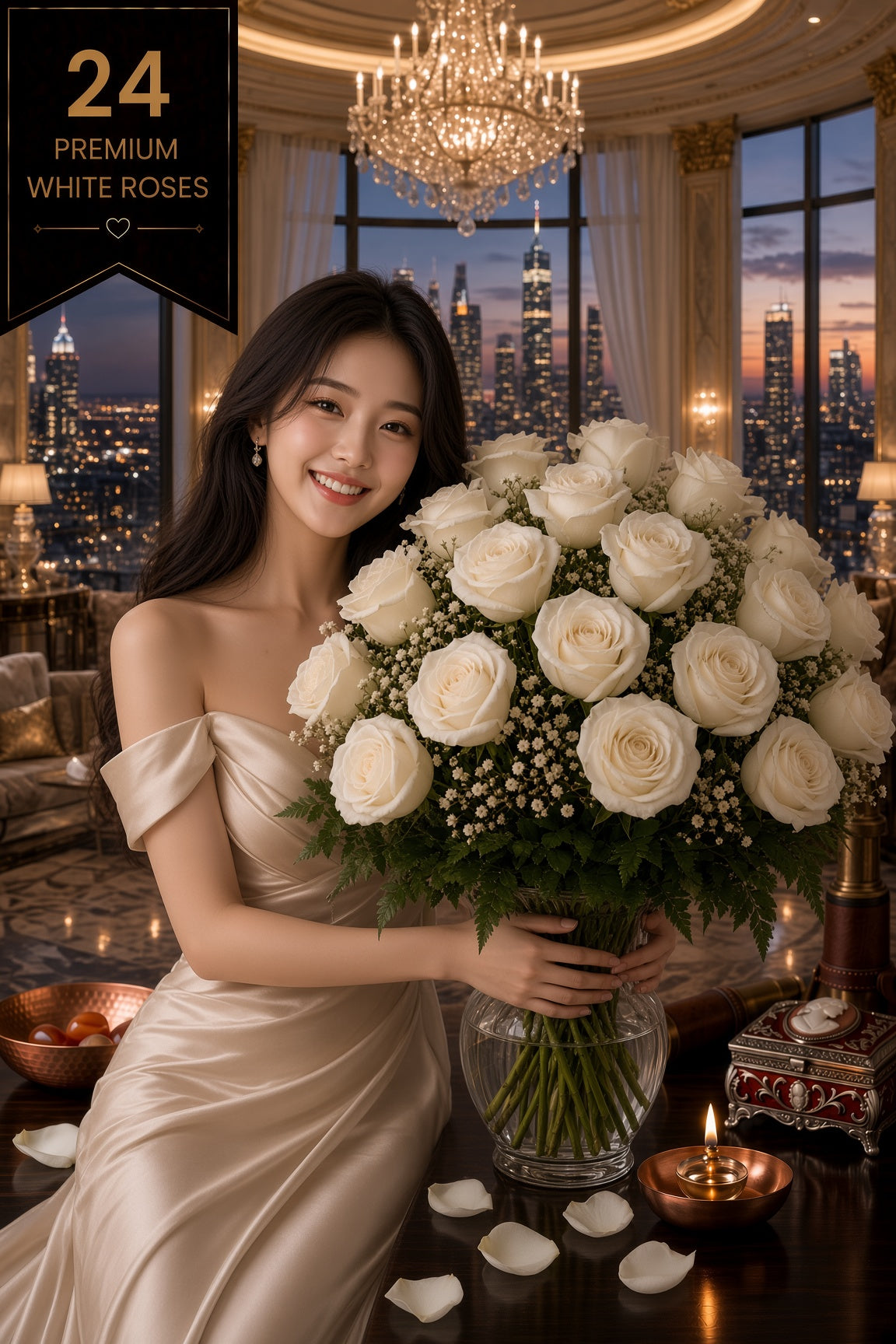 Ruby Marquis 24: Diamond White Roses | Vase