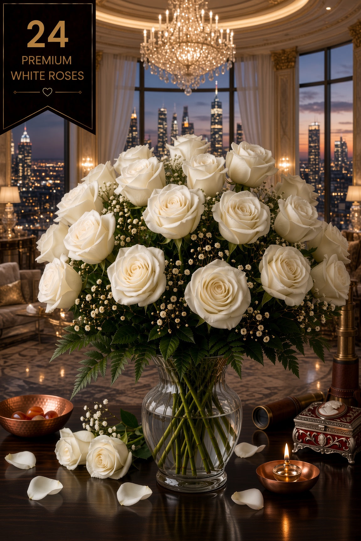 Ruby Marquis 24: Diamond White Roses | Vase