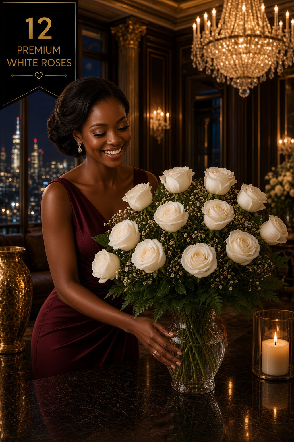 Ruby Monarch 12: Ivory White Roses | Vase